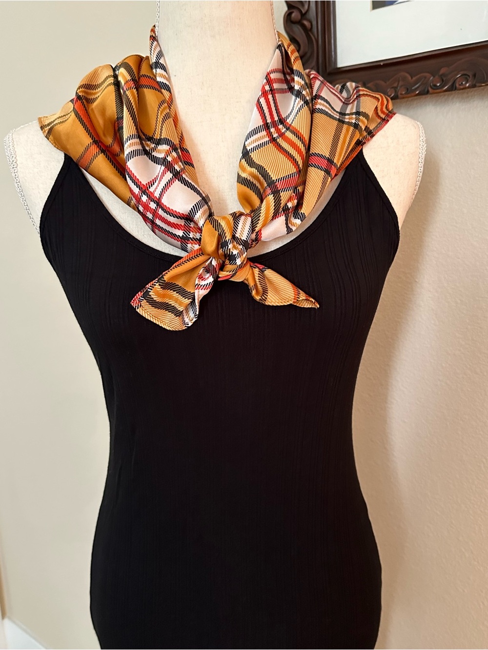 Zara Mustard Yellow Plaid Square Neck Scarf with Red & Black Accents